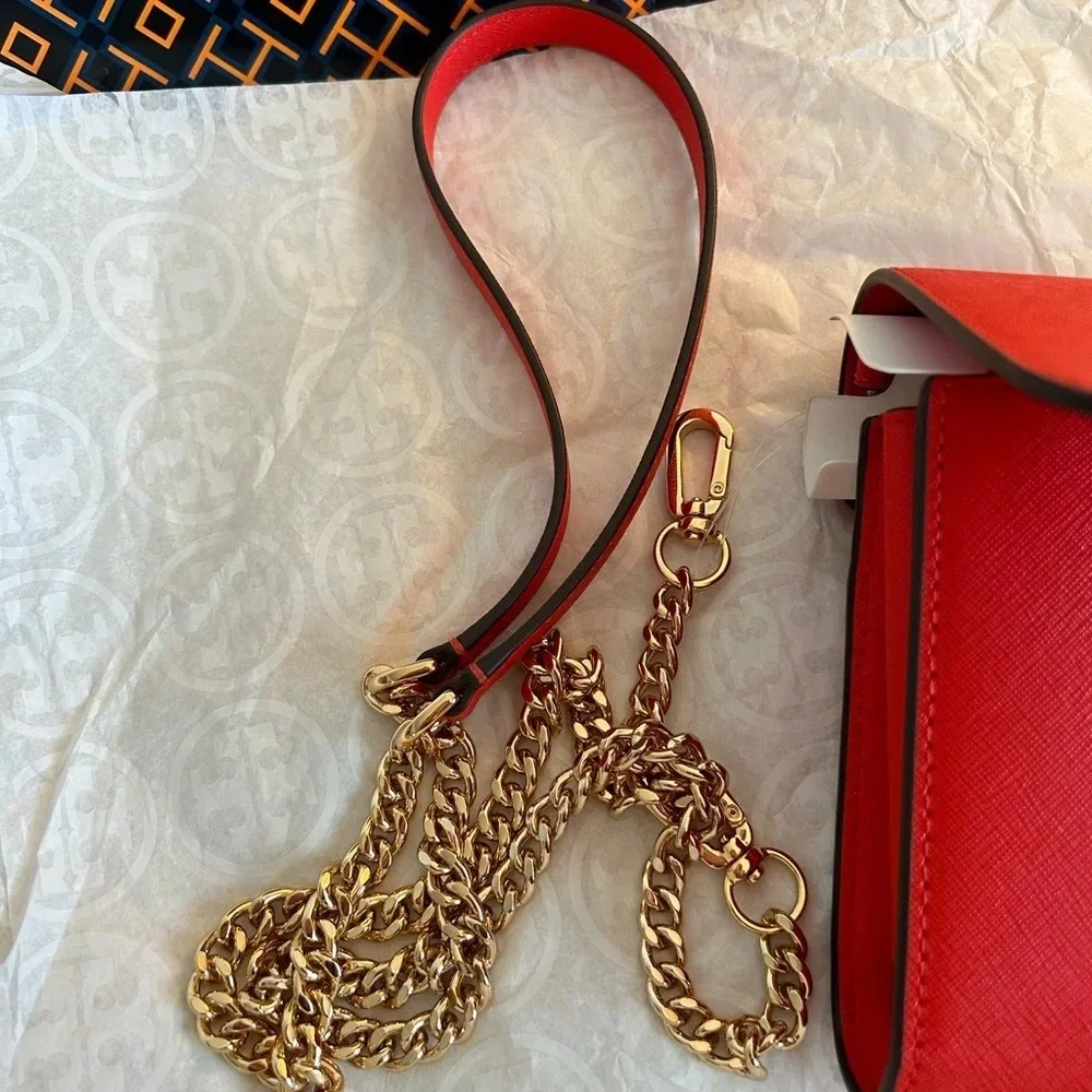 Tory Burch Emerson Chain Wallet Crossbody Bag Bright Samba Gold Red - Picture 4 of 14